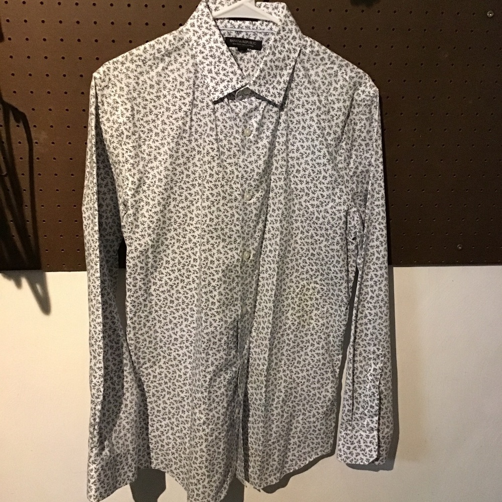 Banana Republic Slim Fit Floral Print Button Down Shirt White Black | Men’s Med